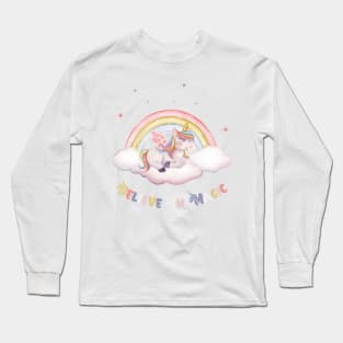 Believe In Magic Cute Unicorn With Stars Long Sleeve T-Shirt